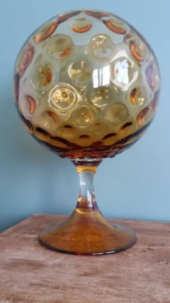 Coupe calice vase ballon sur pied XXL en verre ambré à relief bulles Empoli