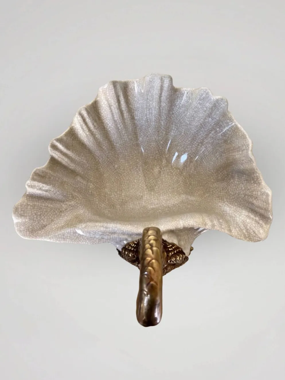 Coupe, centre de table décorative au cygne en bronze et porcelaine craquelée – Style Art nouveau / Hollywood Regency