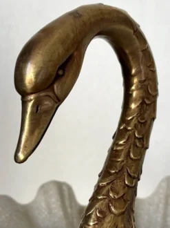 Coupe, centre de table décorative au cygne en bronze et porcelaine craquelée – Style Art nouveau / Hollywood Regency