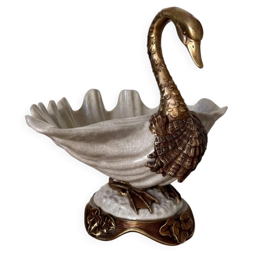 Coupe, centre de table décorative au cygne en bronze et porcelaine craquelée – Style Art nouveau / Hollywood Regency