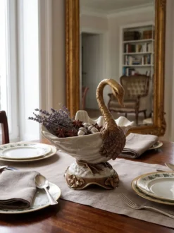 Coupe, centre de table décorative au cygne en bronze et porcelaine craquelée – Style Art nouveau / Hollywood Regency