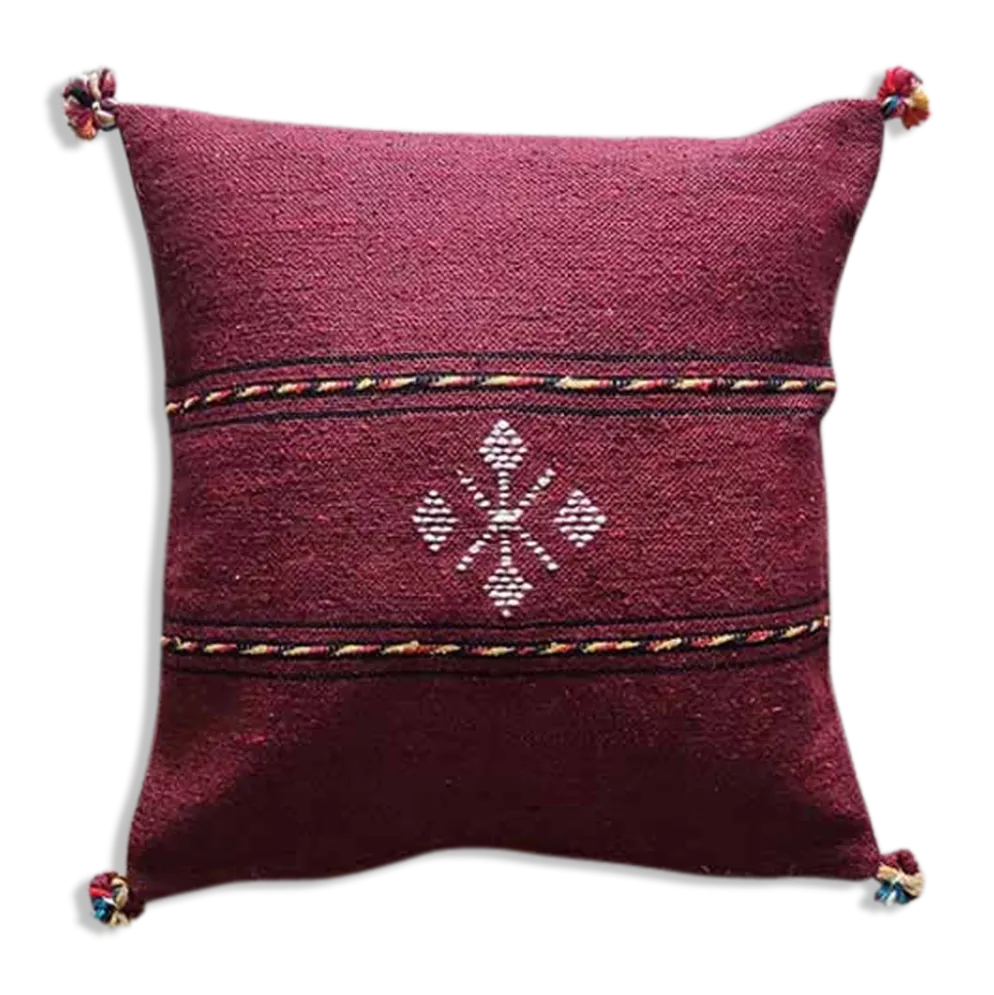 Coussin berbère bordeaux à pompon en coton