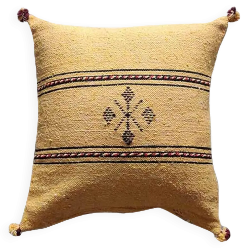Coussin berbère jaune à pompon en coton