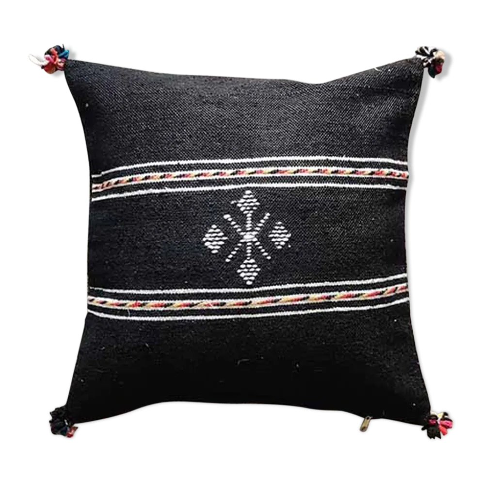 Coussin berbère noir à pompon en coton