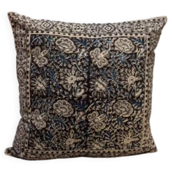 Coussin block print fleurs “jardin indien” - brun/bleu