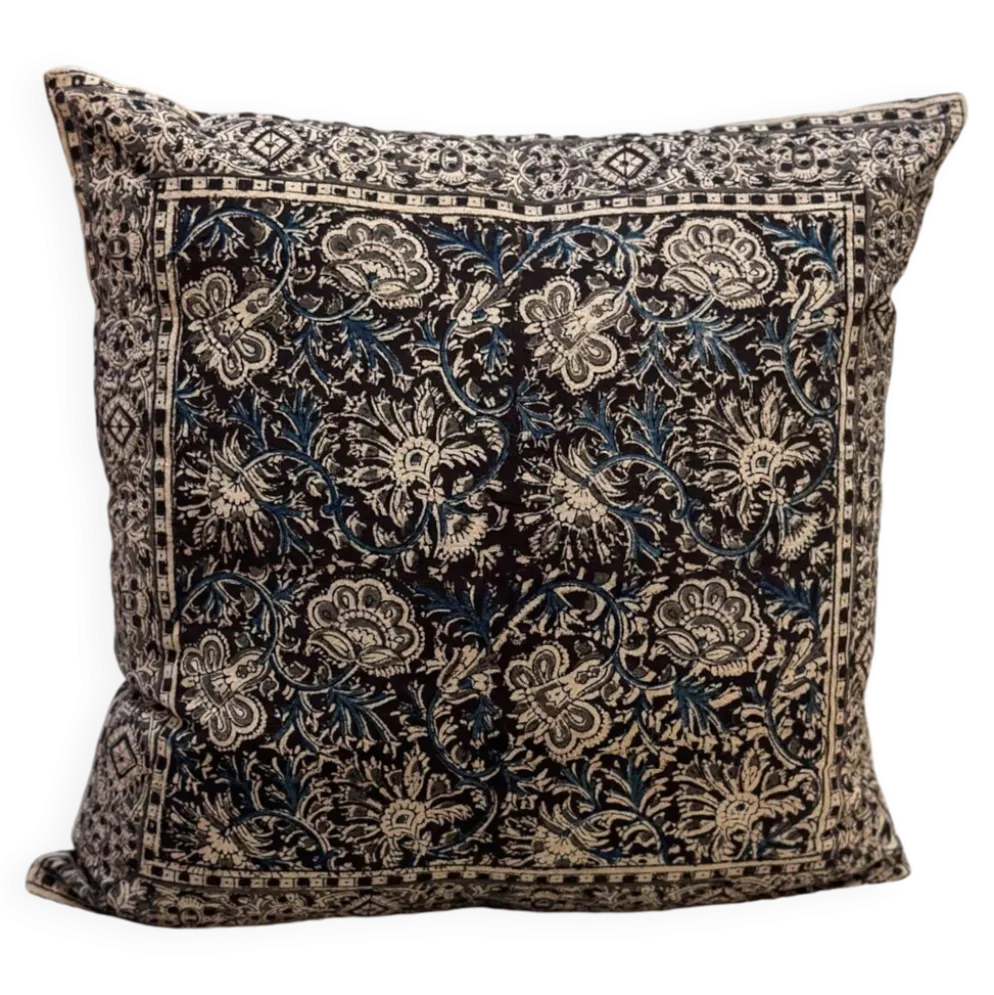 Coussin block print fleurs “jardin indien” - brun/bleu