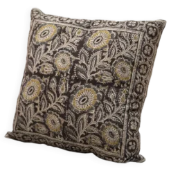Coussin block print fleurs “jardin indien” - Brun/Jaune