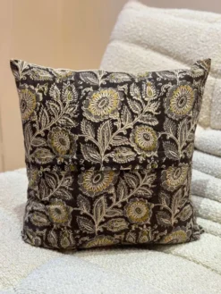 Coussin block print fleurs “jardin indien” - Brun/Jaune
