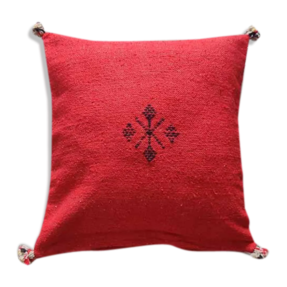 Coussin marocain rouge à pompon en coton