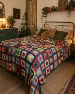 couverture dessus de lit vintage en crochet compose de carré granny au bor