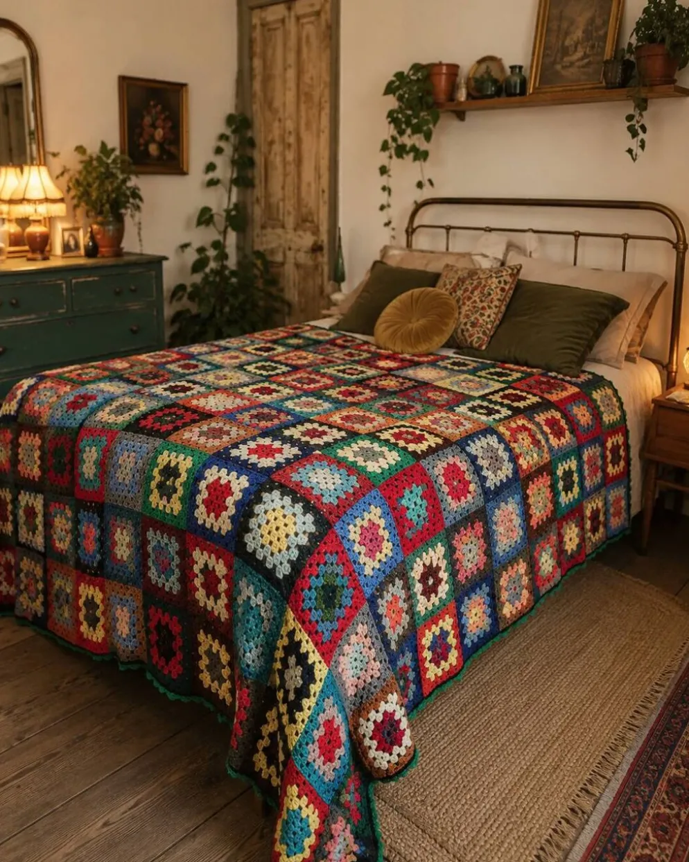 couverture dessus de lit vintage en crochet compose de carré granny au bor