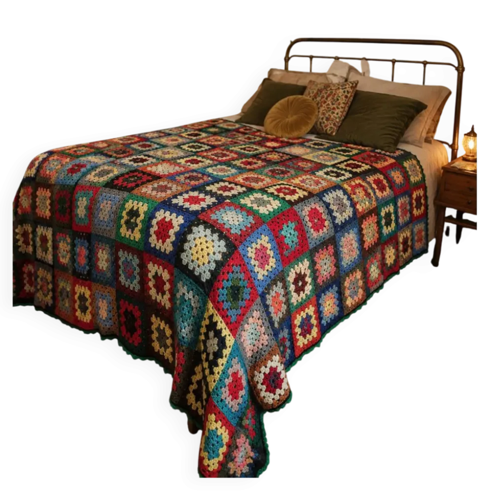 couverture dessus de lit vintage en crochet compose de carré granny au bor