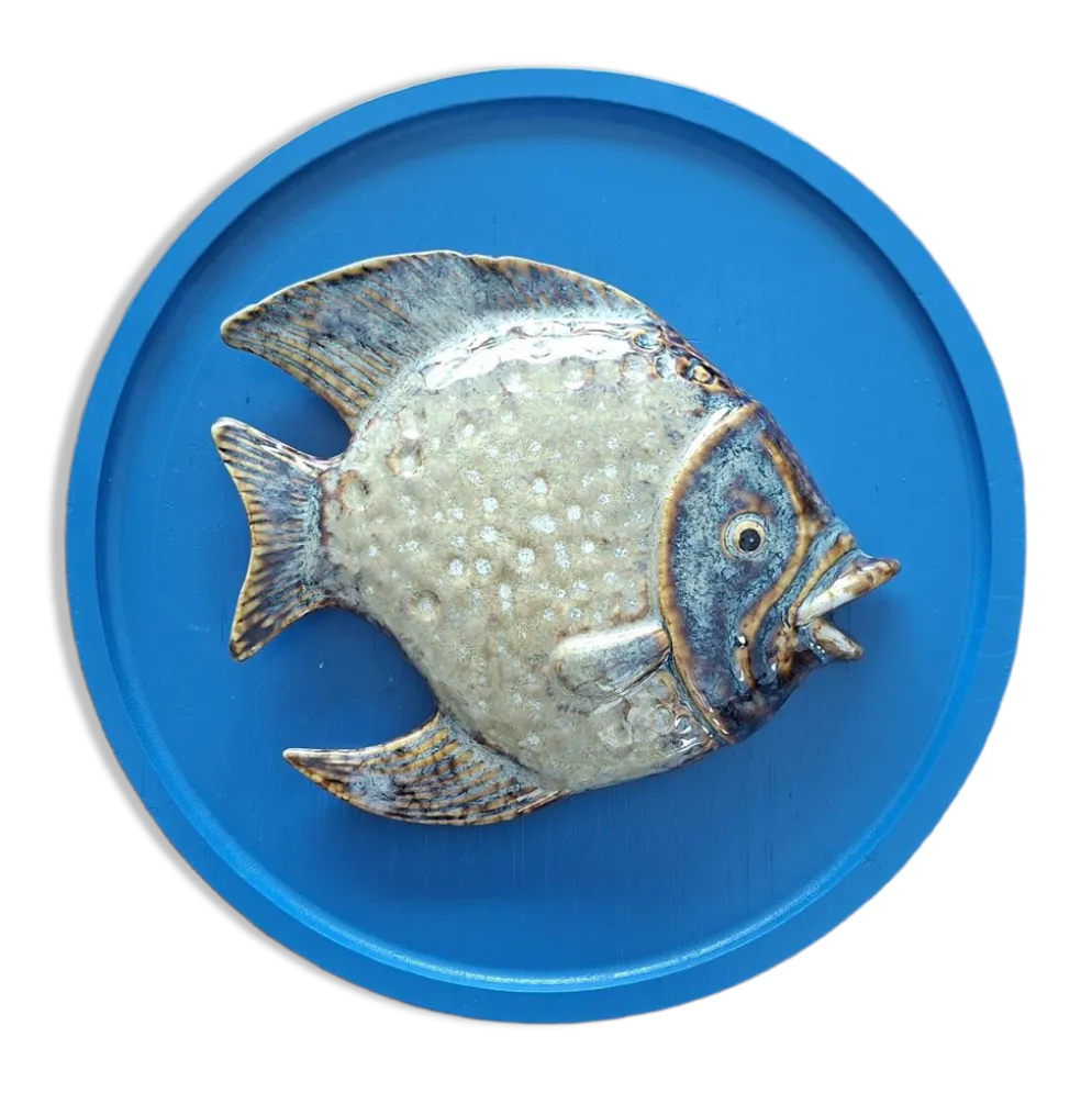 Céramique Vallauris Sculpture murale poisson en relief sur plaque bleu