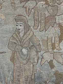 Écran de cheminée ancien. Chêne, broderie.