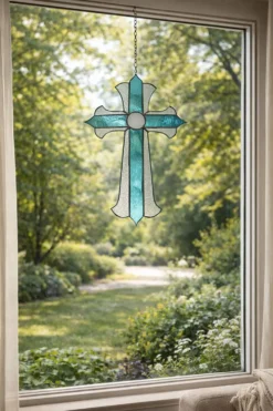 Croix en vitrail – Style Tiffany fait main, décoration murale
