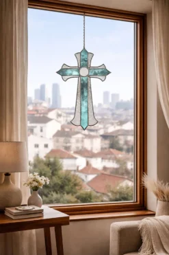 Croix en vitrail – Style Tiffany fait main, décoration murale
