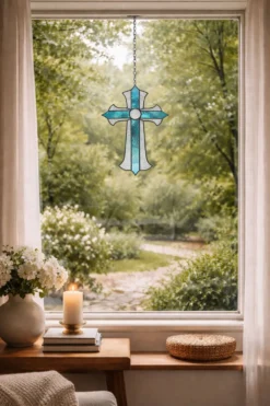 Croix en vitrail – Style Tiffany fait main, décoration murale