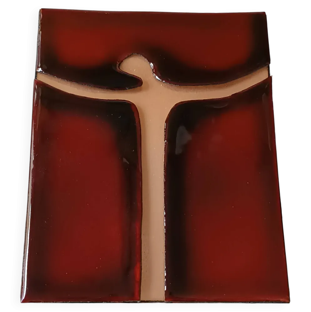 Croix murale en émail rouge et doré sur cuivre Atelier Chehab vintage