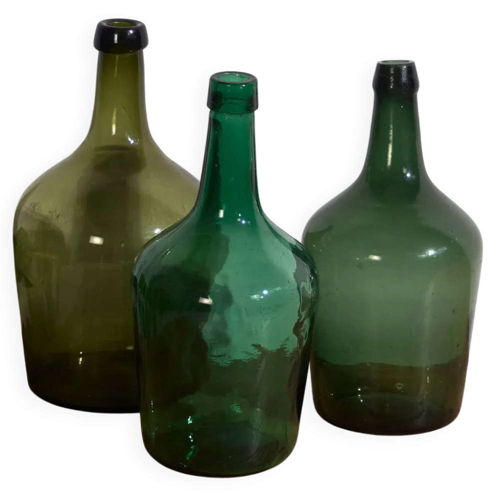 Demijohns verts anciens (c.1920). Ensemble de 3 pièces