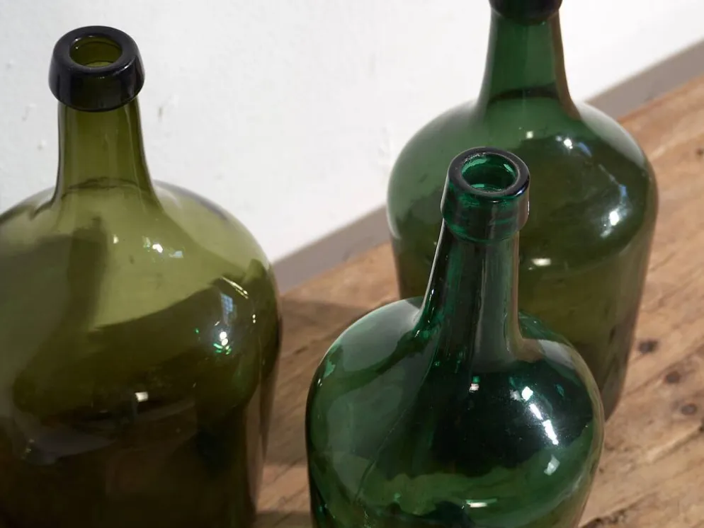 Demijohns verts anciens (c.1920). Ensemble de 3 pièces