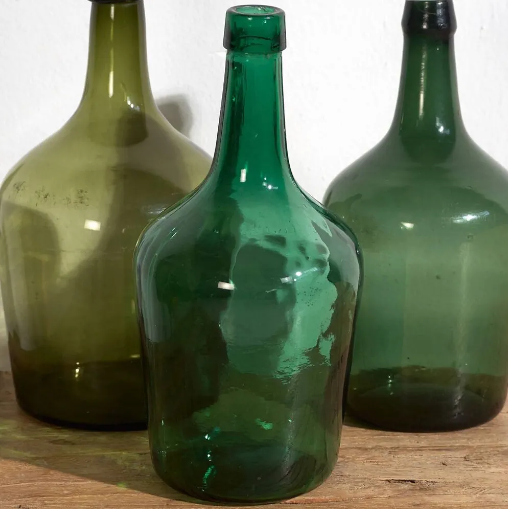 Demijohns verts anciens (c.1920). Ensemble de 3 pièces