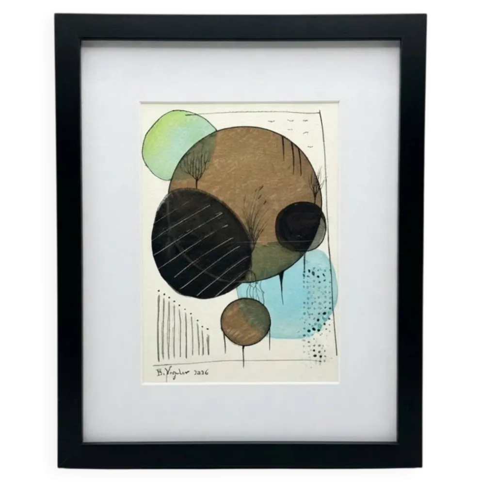 Dessin abstrait original encadré, technique mixte - Bertrand Mugabure
