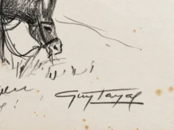Dessin encadré original signé Guy Tayal âne attelé