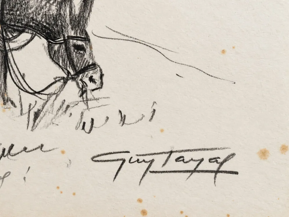 Dessin encadré original signé Guy Tayal âne attelé