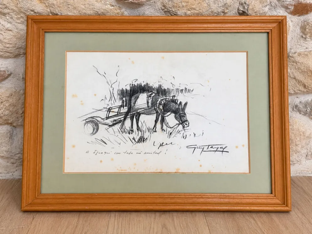 Dessin encadré original signé Guy Tayal âne attelé