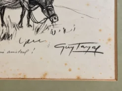Dessin encadré original signé Guy Tayal âne attelé