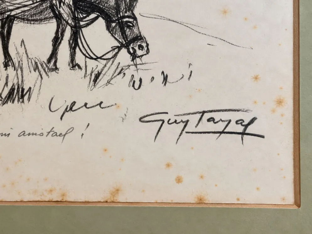 Dessin encadré original signé Guy Tayal âne attelé