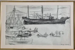 Dessin original à l’encre, carnet de voyage, 1955, scène portuaire 52x34 cm