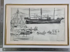 Dessin original à l’encre, carnet de voyage, 1955, scène portuaire 52x34 cm