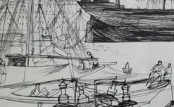 Dessin original à l’encre, carnet de voyage, 1955, scène portuaire 52x34 cm