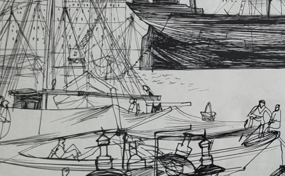 Dessin original à l’encre, carnet de voyage, 1955, scène portuaire 52x34 cm