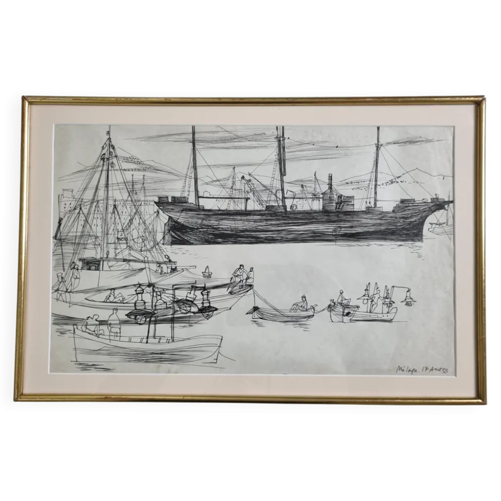 Dessin original à l’encre, carnet de voyage, 1955, scène portuaire 52x34 cm