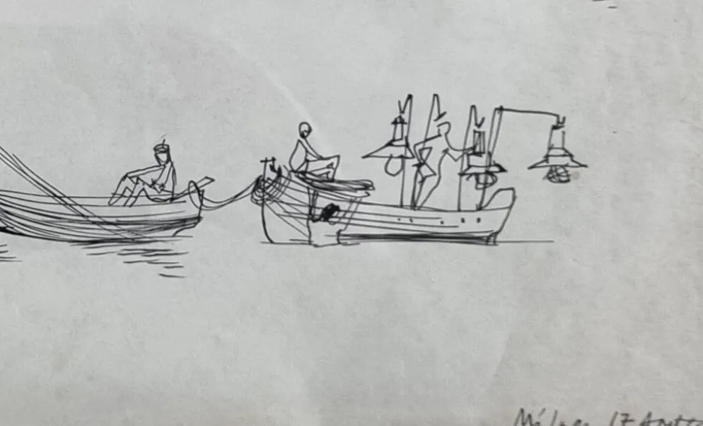 Dessin original à l’encre, carnet de voyage, 1955, scène portuaire 52x34 cm