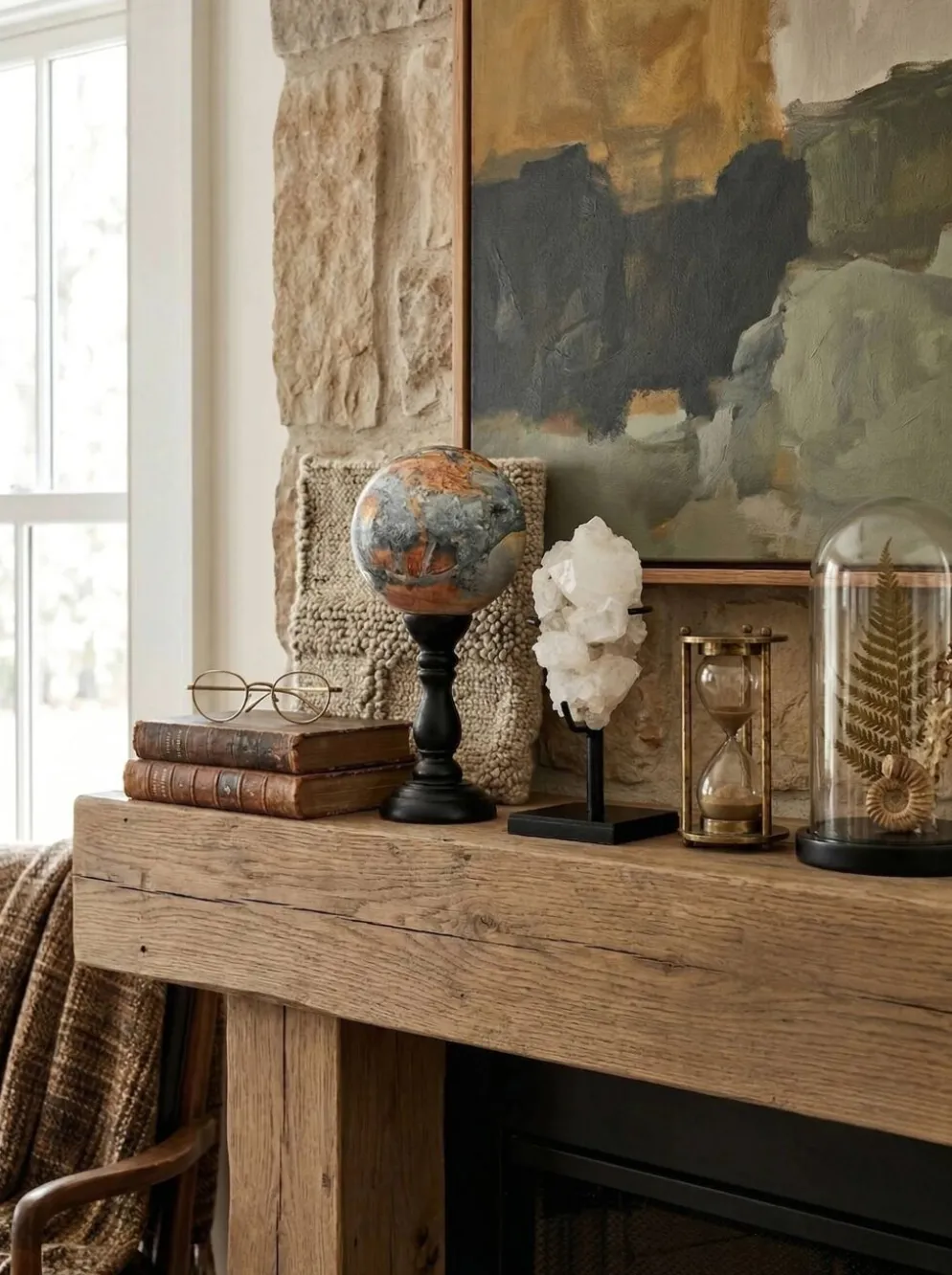 Duo décoratif — Sphère en jaspe Maligano & amas de quartz sur socles