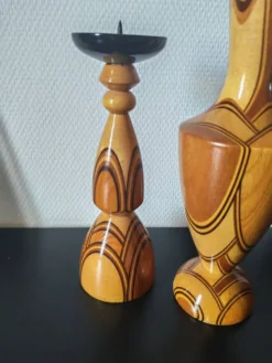 Duo vase& bougeoir vintage en bois tourné et lamellé style scandinave