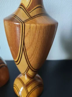Duo vase& bougeoir vintage en bois tourné et lamellé style scandinave