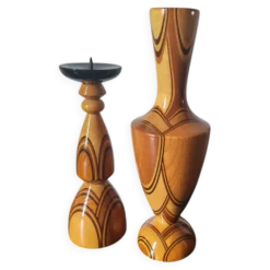 Duo vase& bougeoir vintage en bois tourné et lamellé style scandinave
