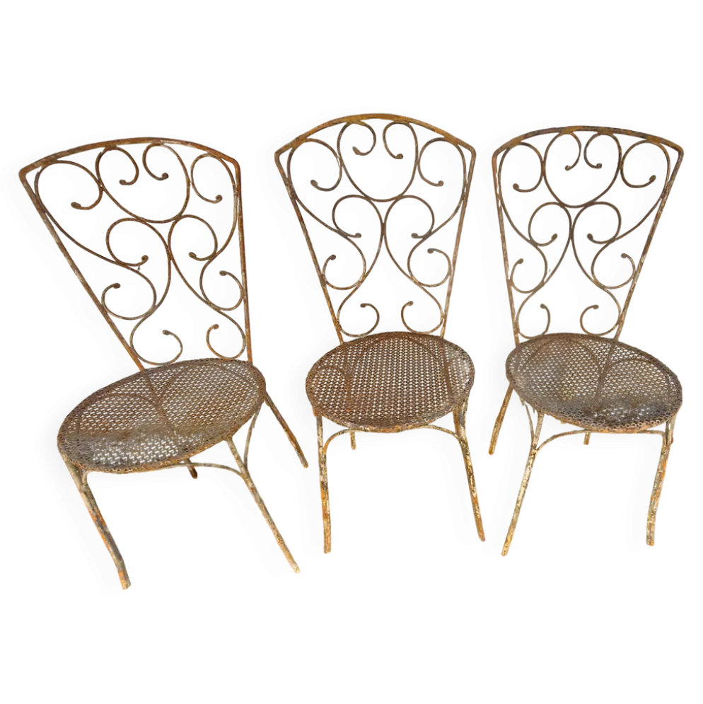 Ensemble de 3 chaises de jardin en fer forgé, assise en rigitulle 1940/50