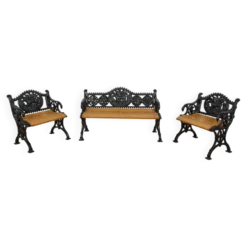 Ensemble de jardin en fonte victorien – Banc et deux fauteuils, Royaume-Uni, fin du 19e / début du 20e siècle