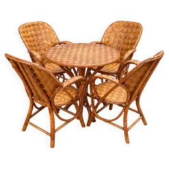 Ensemble de jardin vintage en rotin tressé –table ronde et 4 fauteuils