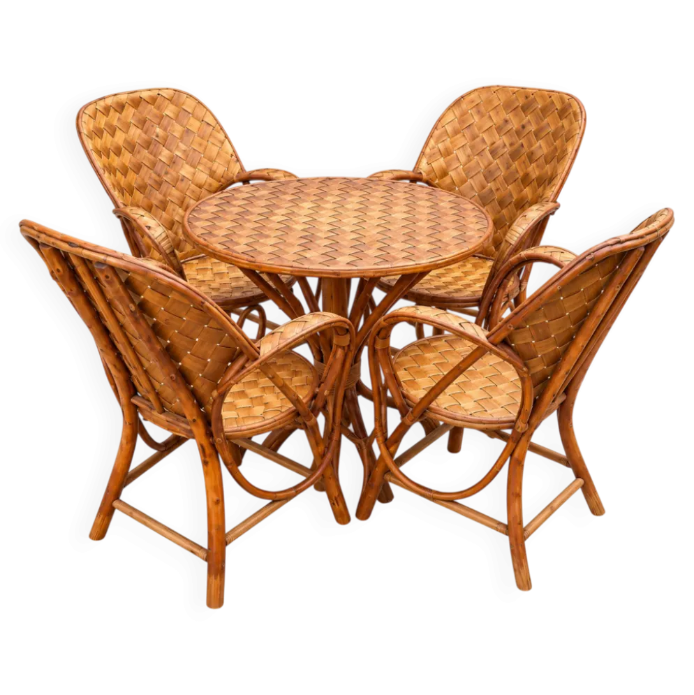 Ensemble de jardin vintage en rotin tressé –table ronde et 4 fauteuils