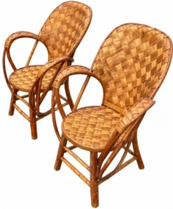 Ensemble de jardin vintage en rotin tressé –table ronde et 4 fauteuils