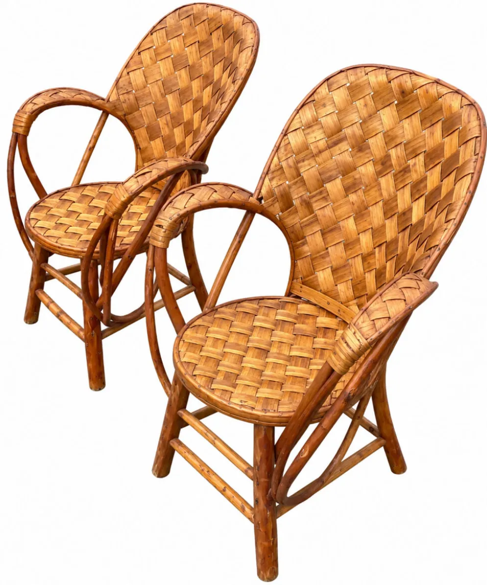 Ensemble de jardin vintage en rotin tressé –table ronde et 4 fauteuils