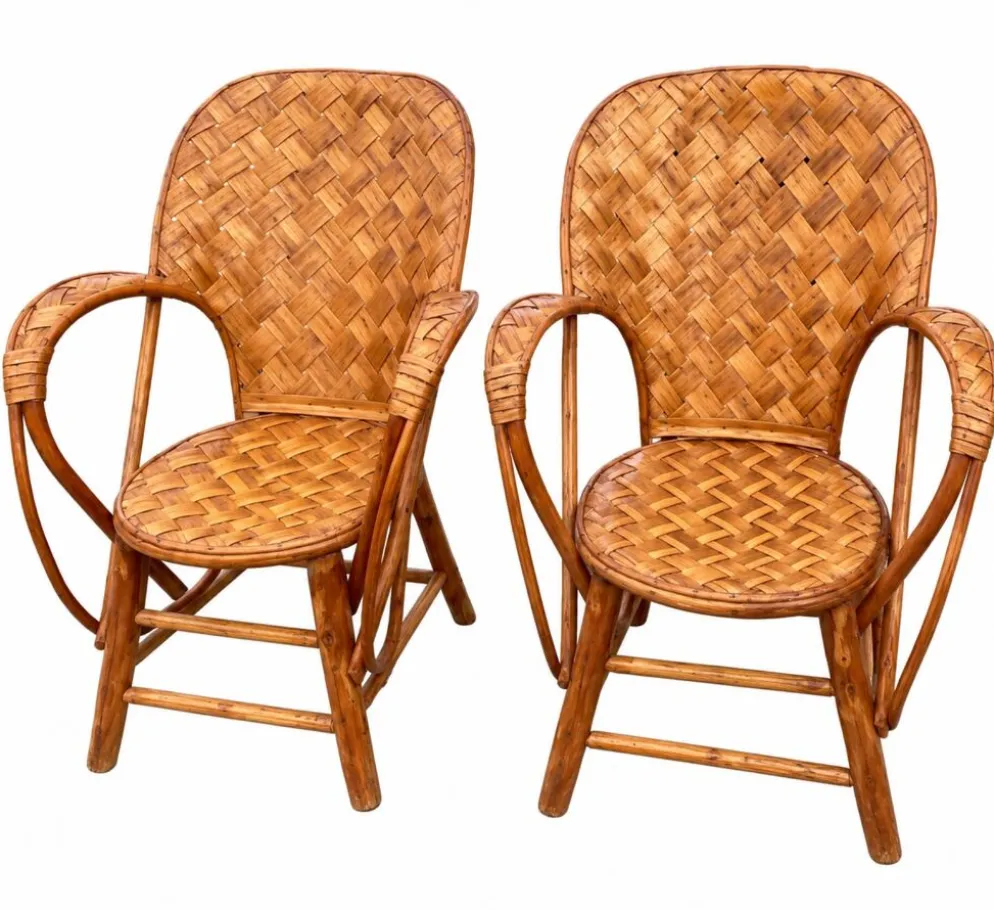Ensemble de jardin vintage en rotin tressé –table ronde et 4 fauteuils