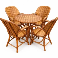 Ensemble de jardin vintage en rotin tressé –table ronde et 4 fauteuils