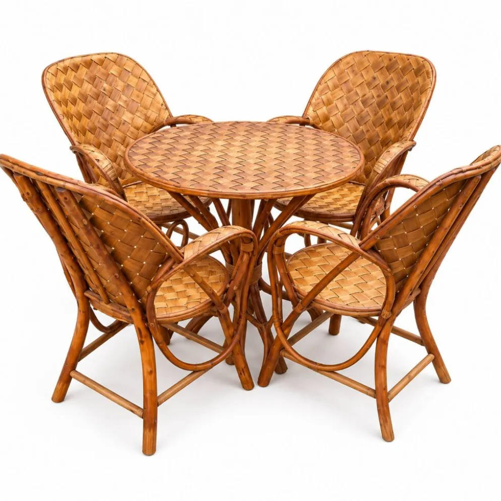 Ensemble de jardin vintage en rotin tressé –table ronde et 4 fauteuils